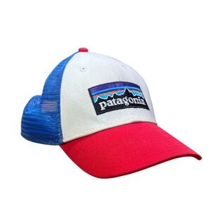 Patagonia Trucker Hat Cap Mesh Red White Blue Logo Mountains Adjustable